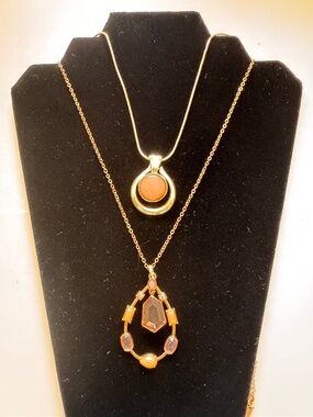 Gold Tone Necklace Set 2 pcs Layered Pendant Orange Statement Fashion Jewelry